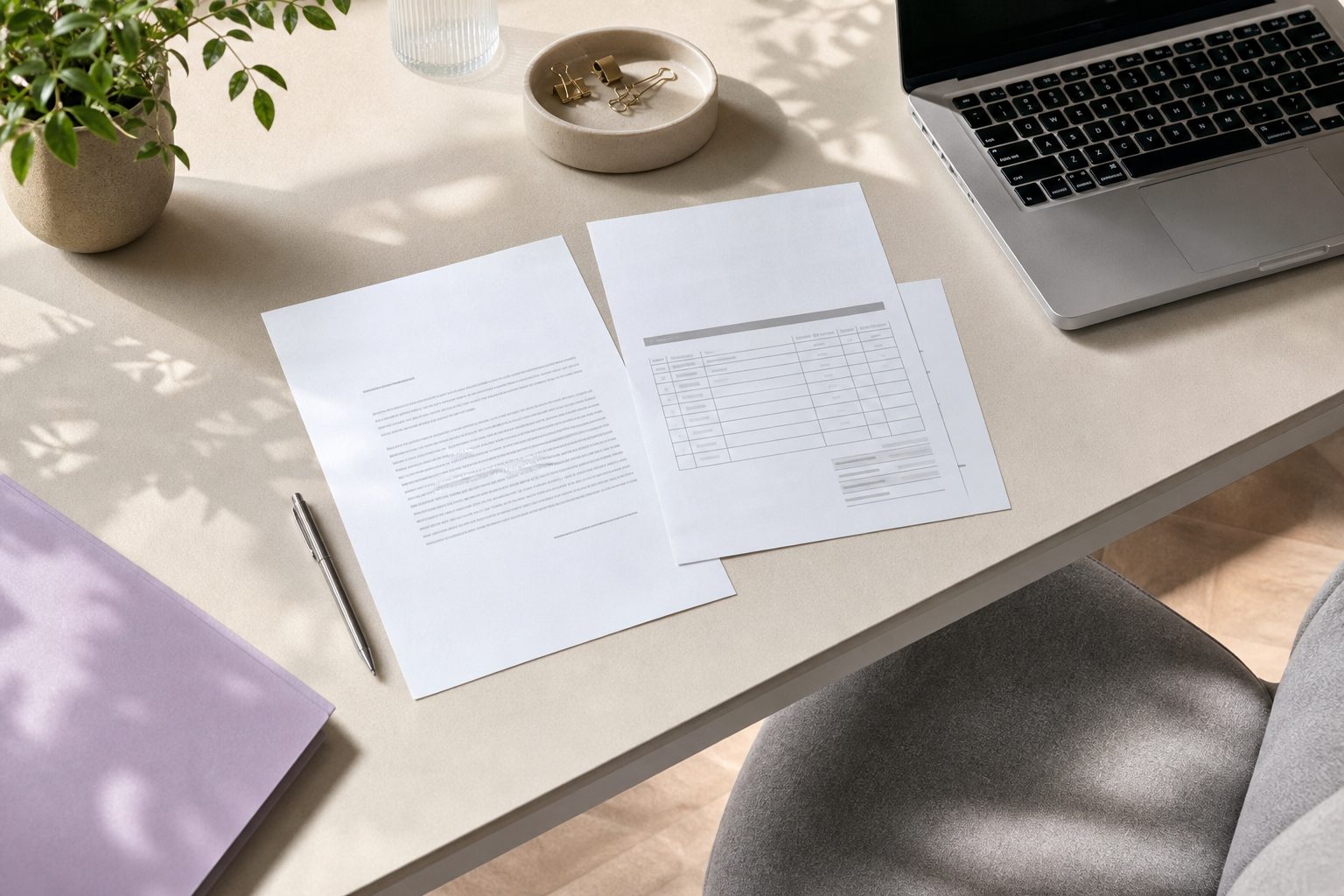 Tidy studio desk in morning light with a printed letter, invoice, pen and laptop on a pale ivory surface