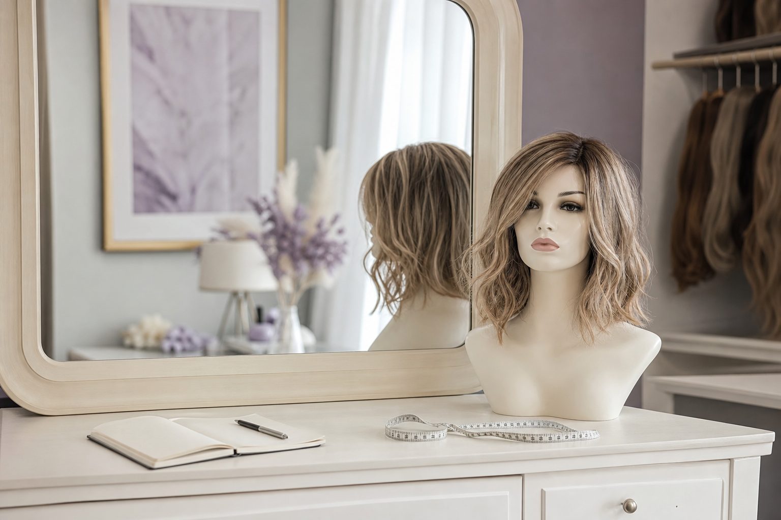 Bright wig studio fitting room with a styled wig on a mannequin head, tape measure and notebook on an ivory counter