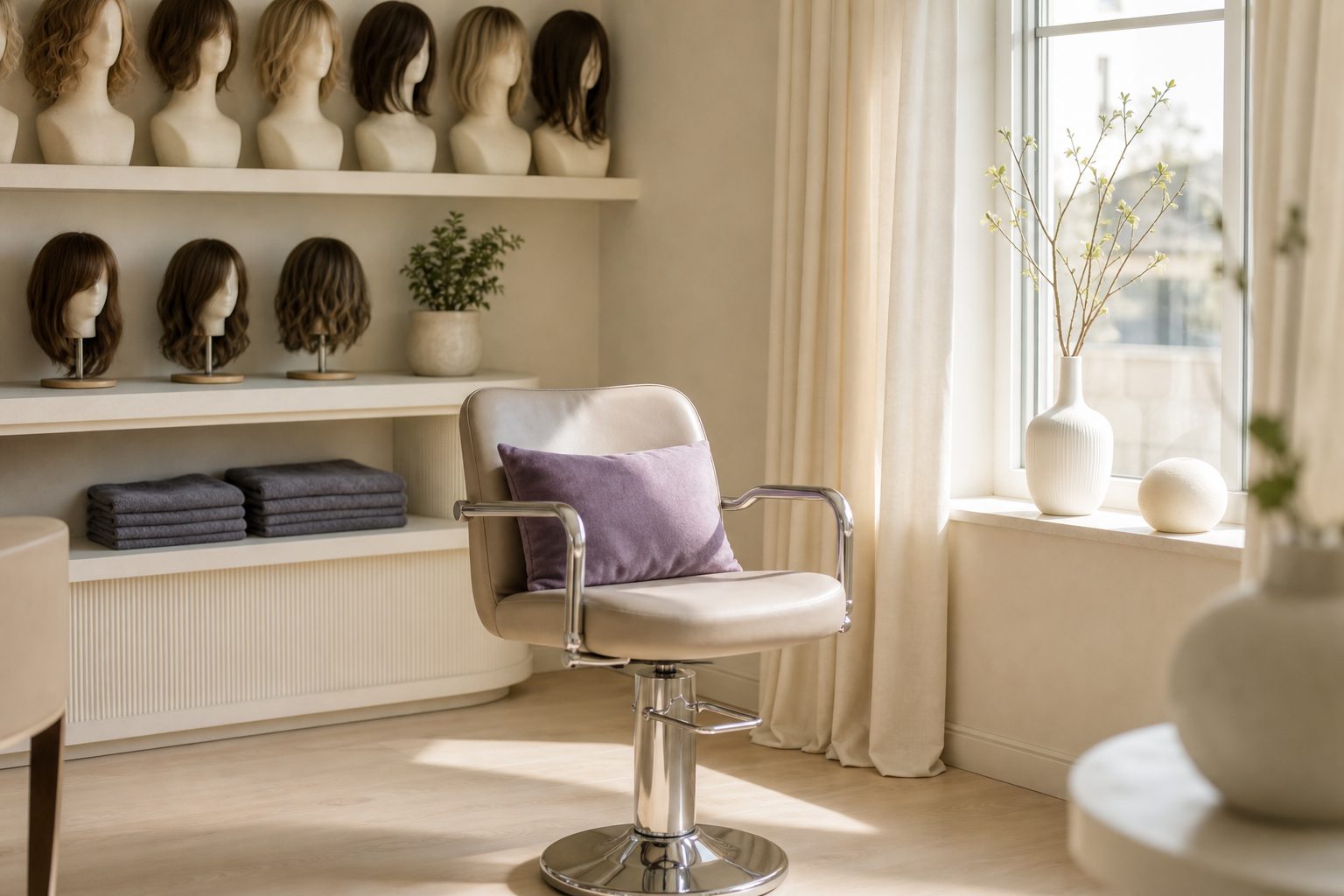 Calm empty styling chair beside a bright window in a warm ivory wig studio