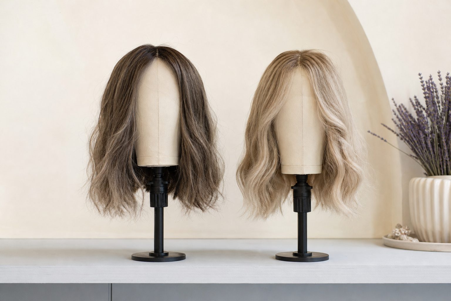Two wigs displayed on stands side by side against a warm ivory studio wall in bright daylight