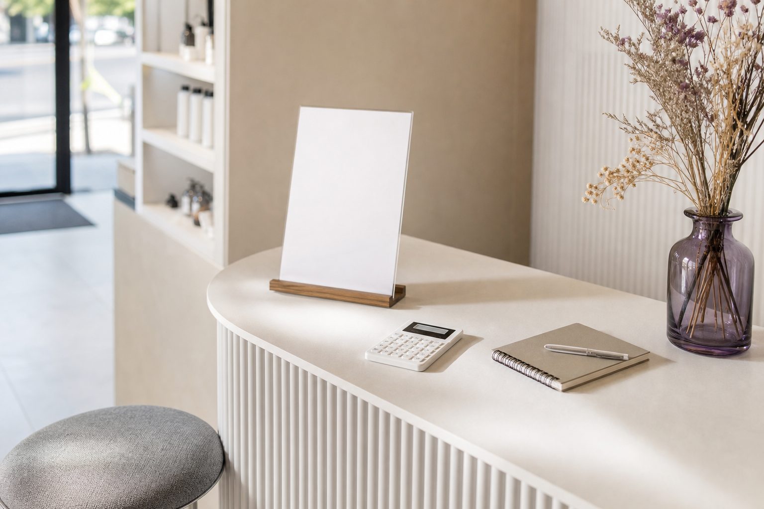 Bright studio reception counter with a calculator, notebook and card on a pale ivory surface