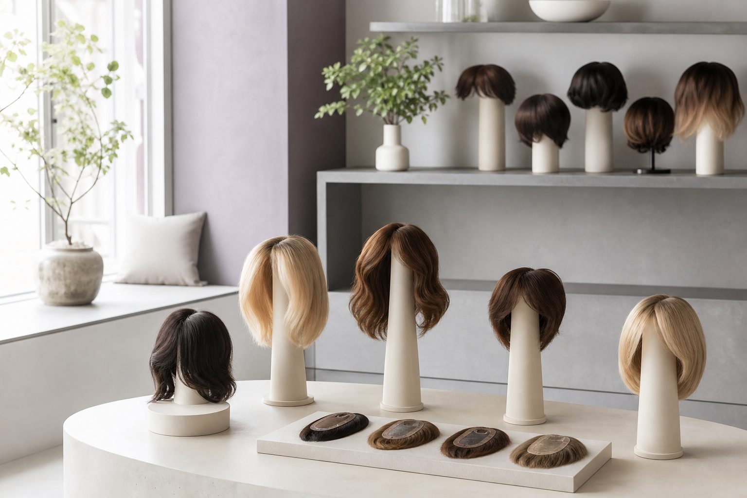 Bright studio shelf displaying hair toppers and partial hairpieces on pale ivory stands