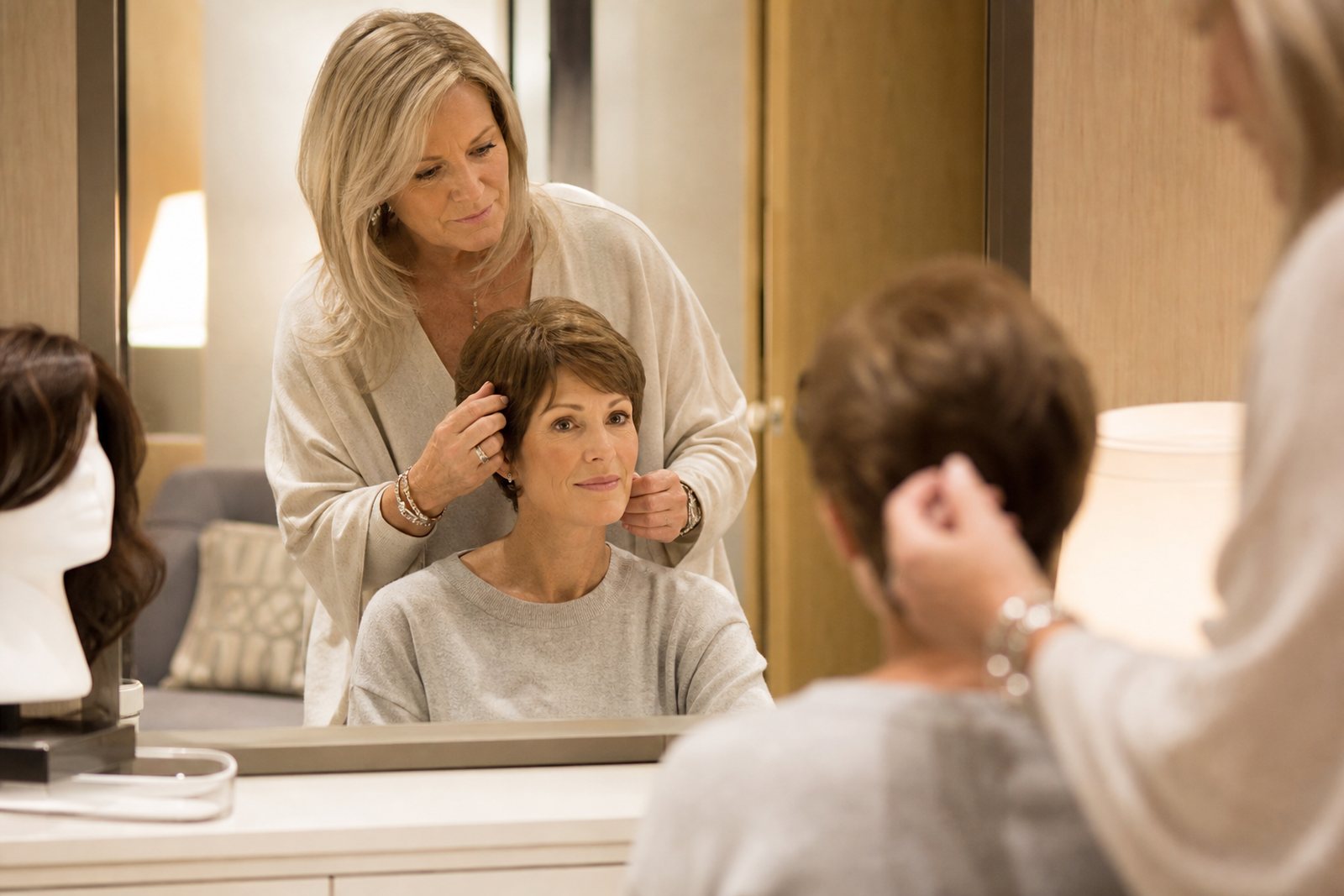 A wig studio consultant helping a seated client at a mirror in a warm private fitting room