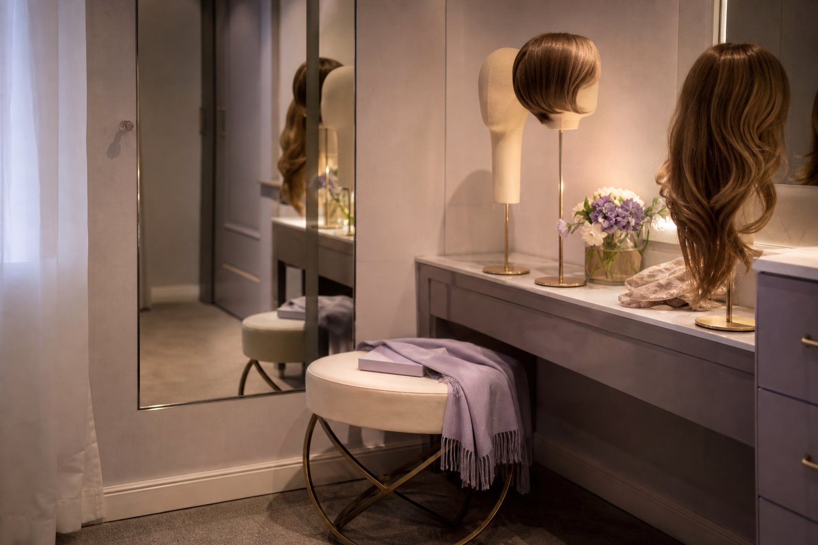 A private wig fitting room with a mirror, a stool, a soft scarf and mannequin head stands in warm light